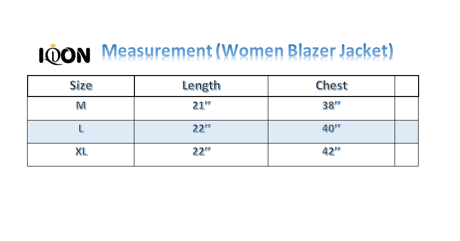 Women Blazer Jacket Size chart