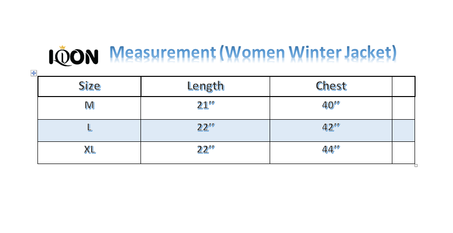 Women Winter Size Chart