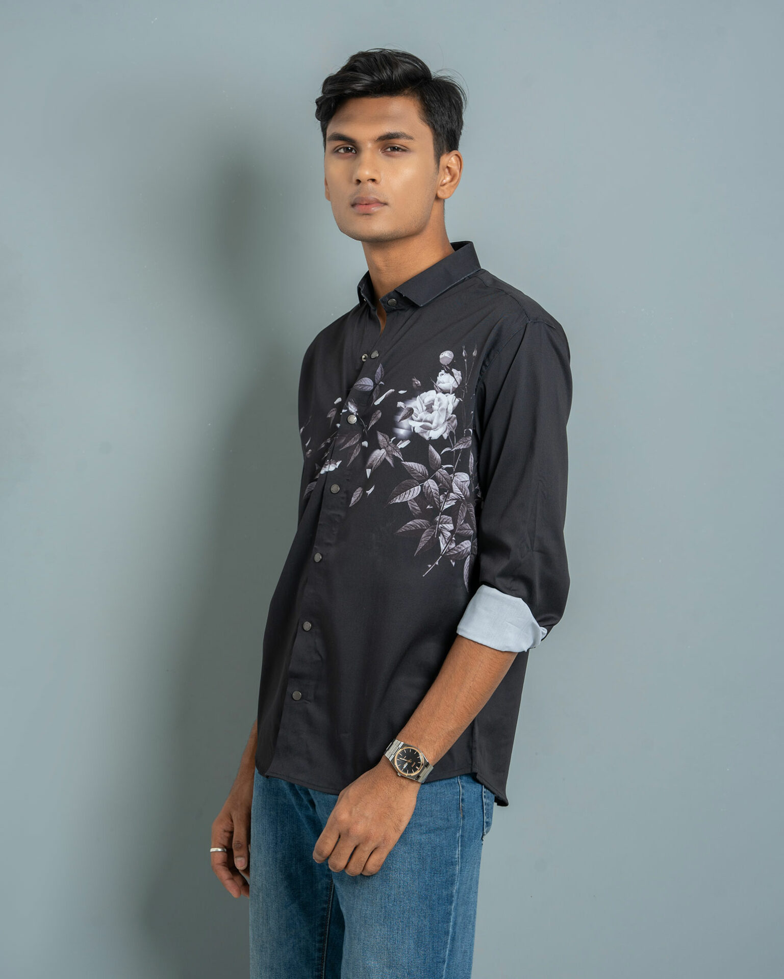 Imported Rose Printed Black Shirt for Men